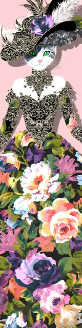 Cat bookmarks featuring a cat in a ballroom gown wearing a hat